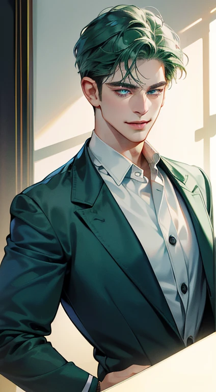 (best quality, masterpiece, 8K, photorealistic, cinematic lighting, 1:4 hdr image, ultra detailed, beautiful image), a mature man, 25 years very handsome, ((cold expression smile in love)), short green hair, blue eyes, face perfect without mistakes, ((buttoning his jacket, CEO)), smile.