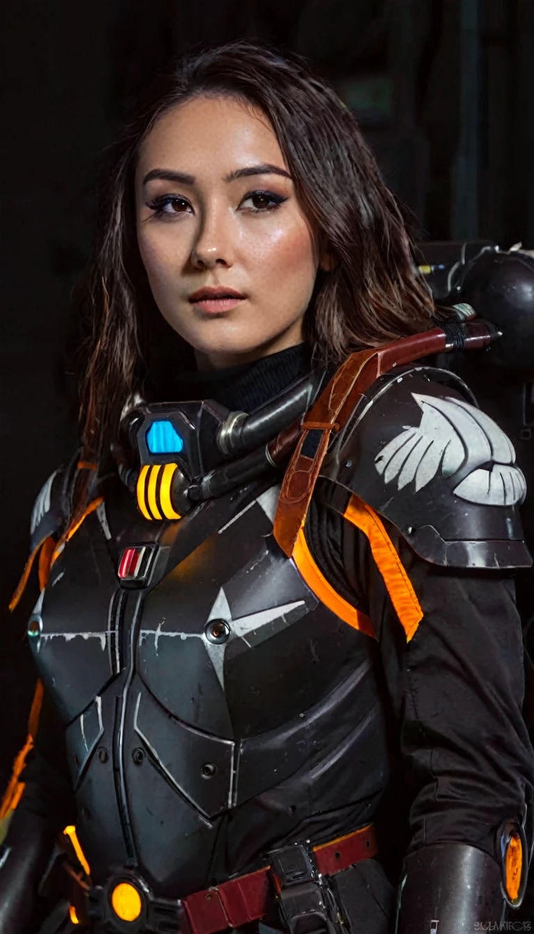 bright yellow eyes, ultra-detailed,vibrant colors,sci-fi,portrait,dramatic lighting,detailed facial features,dark background,long hair,glowing eyes,futuristic clothing,expressionless face,metallic texture,bright highlights,high contrast,radiant colors,artificial intelligence theme,sharp focus,technological elements,shadows and highlights,ethereal glow,neon lights,stormy atmosphere,otherworldly setting,unconventional composition,sharp lines,sleek design,mysterious atmosphere,unearthly beauty,digital enhancements,advanced technology,glowing circuitry,abstract background,ominous presence,subtle reflections,energetic pose,unique perspective,foreshortening effect,symmetrical composition,imposing presence,dynamic energy,striking visual impact,translucent overlays,organic and mechanical fusion.