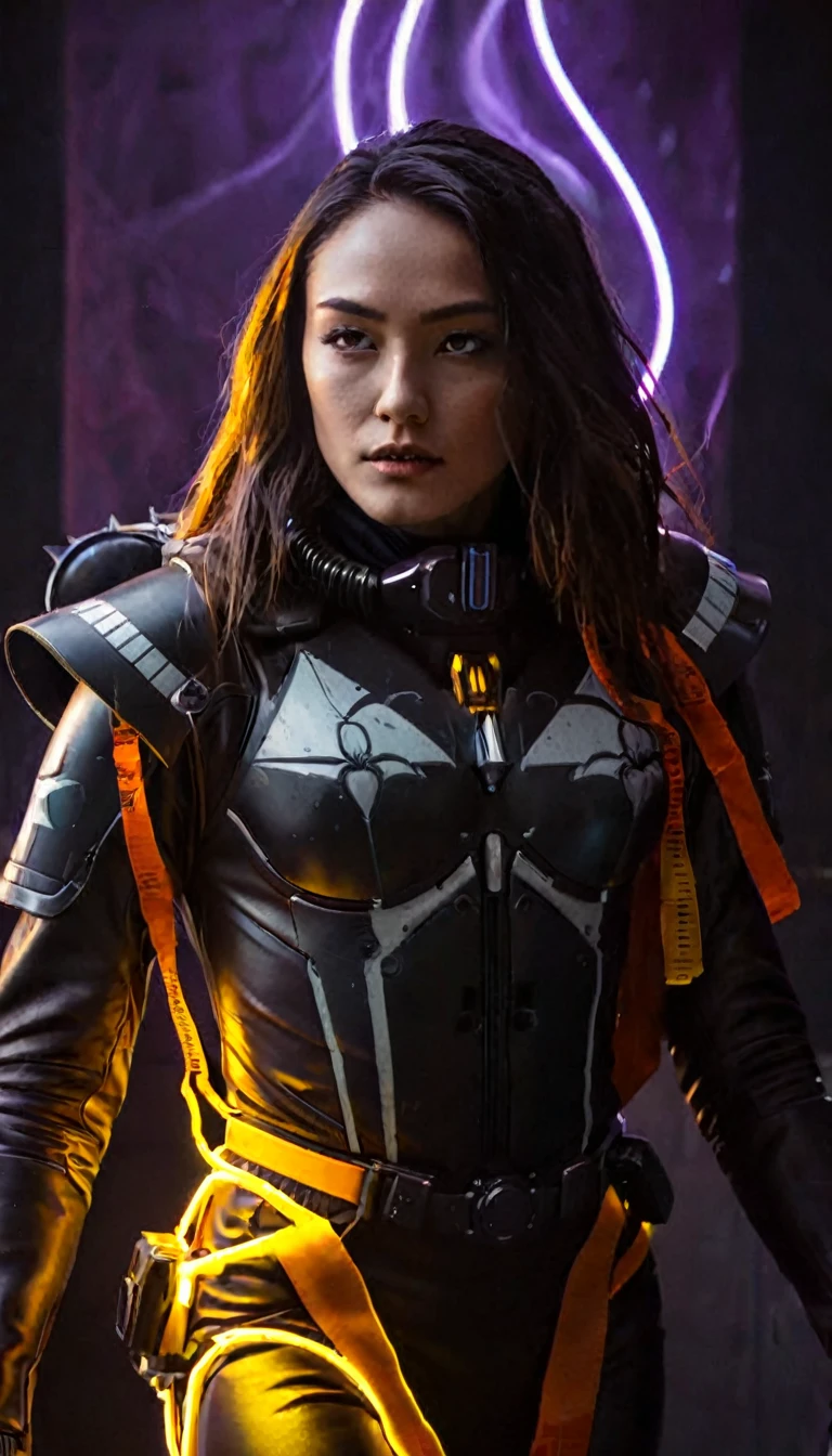 bright yellow eyes, ultra-detailed,vibrant colors,sci-fi,portrait,dramatic lighting,detailed facial features,dark background,long hair,glowing eyes,futuristic clothing,expressionless face,metallic texture,bright highlights,high contrast,radiant colors,artificial intelligence theme,sharp focus,technological elements,shadows and highlights,ethereal glow,neon lights,stormy atmosphere,otherworldly setting,unconventional composition,sharp lines,sleek design,mysterious atmosphere,unearthly beauty,digital enhancements,advanced technology,glowing circuitry,abstract background,ominous presence,subtle reflections,energetic pose,unique perspective,foreshortening effect,symmetrical composition,imposing presence,dynamic energy,striking visual impact,translucent overlays,organic and mechanical fusion.