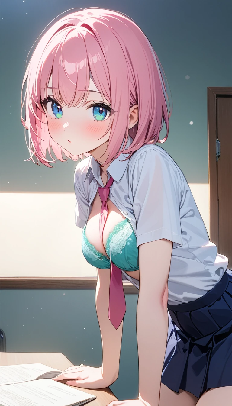 (1 girl),(Best Picture Quality, 8K, Masterpiece:1.3), (high school student:1.5), (pink lob hair:1.1), [mintgreen hair:0.1], (bob cut), (slant skyblue eyes), ((school uniform, white short simple sleeve shirt, darkblue skirt, pink tie)), (super clear:1.5), (glistening skin:1.1),(pale skin:1.1), (standard weight), (medium breasts), (mintgreen lace bra),(mintgreen lace panties:1.1), 