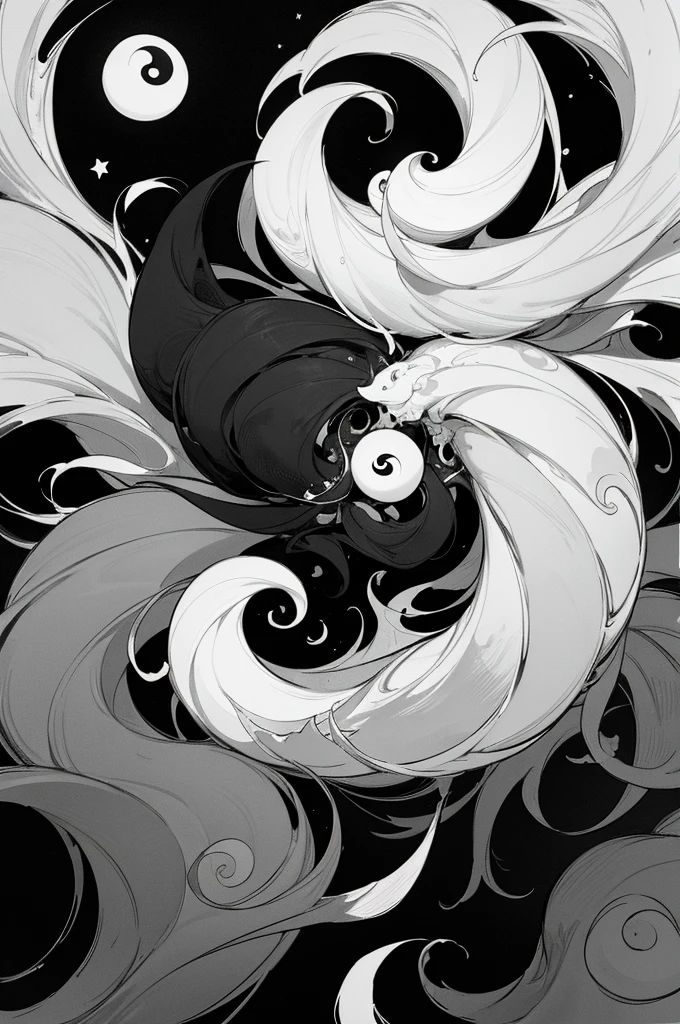 yin and yang, night, stars, ink splatter, ink, black and white illustration, sketch, highly detailed, high quality, masterpiece, inky, line art, strong line art, flowing, beautiful, picturesque