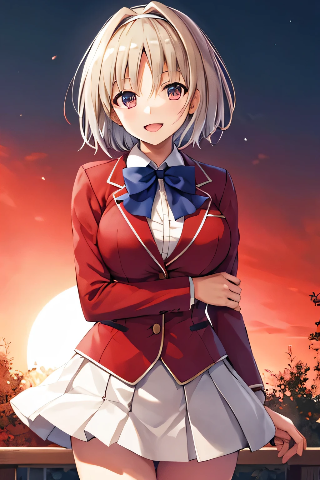 masterpiece, Highest quality, High resolution, Akiyo, short hair, Hair Intake, White hair band, Blue bow tie, Collared shirt, blazer, Red jacket, Long sleeve, White Skirt, Pleated skirt, Black socks, Cowboy Shot, Are standing, Outdoor, Straight, Arms at your sides, smile, Open your mouth,