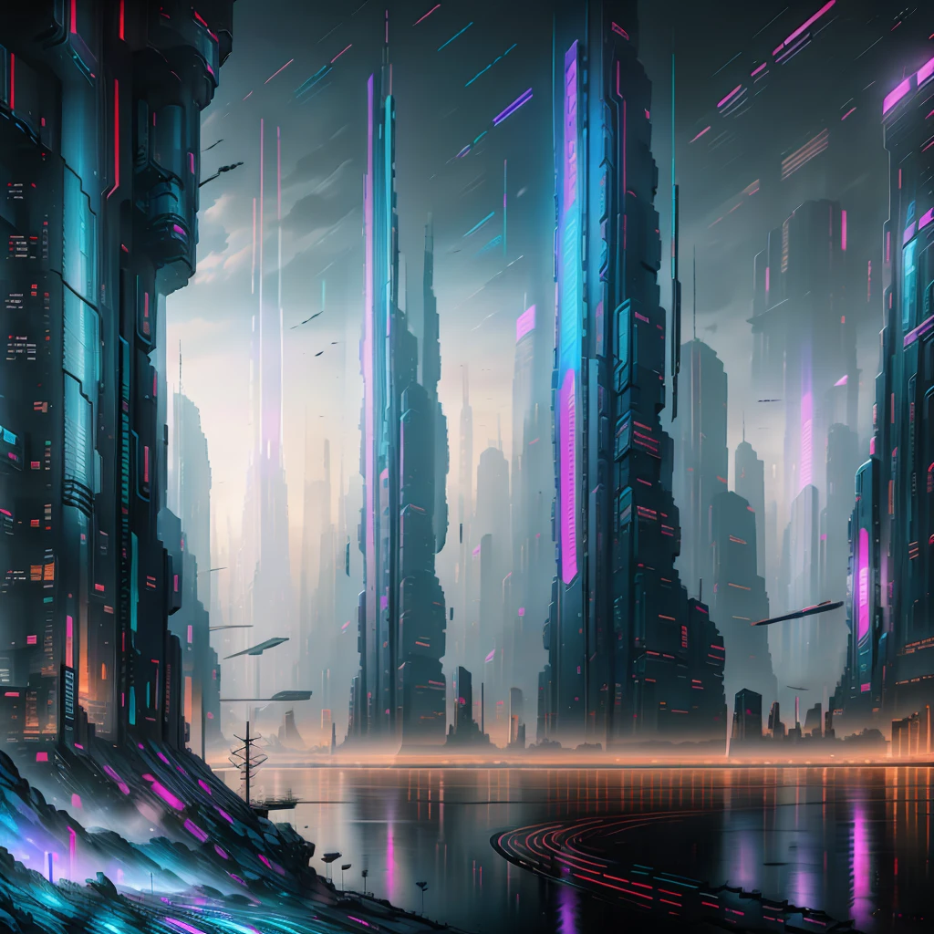 Highest quality,masterpiece,Near future city,Town,mirror,technology,Mysterious Neon,cyber-