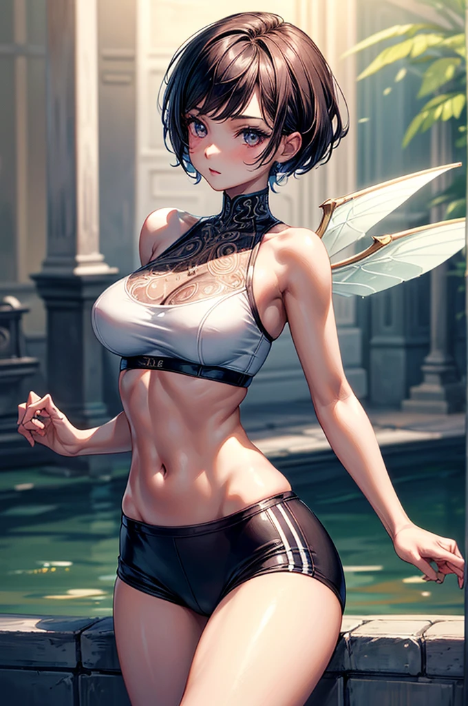 ((highest quality)),(ultra high resolution),(Super detailed),(detailed description),((best CG)),(best work of art),super precision art, great drawing art,(Art with precise details:1.5), (ung girl:1.5), beautiful and well-shaped face:1.5,(Beautiful skin with precise and detailed depiction:1.6),(sleeveless sports bra, elastic yoga shorts ),gorgeous, masterpiece, best quality, high-resolution, finely detailed, extremely detailed and beautiful, distinct-image, 1 girl, 16 year old teen, solo, sharp facial features, oval shaped face. cherry pink lips, lightly tanned white skin. velvet-colored eyes, C-cup breasts, tall height(175cm), slim yet chiseled body type, short shoulder length dark violet-black hair, pixie cut hairstyle, small narrow waist, long and slender legs, curvy wide hips, elegant gothic courtyard setting