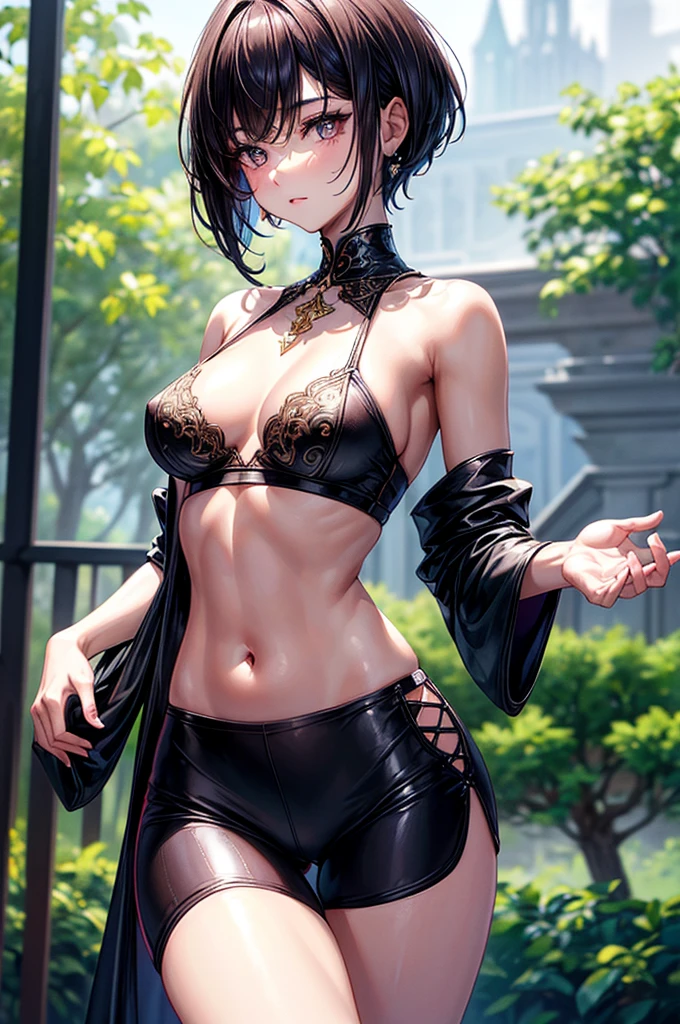 ((highest quality)),(ultra high resolution),(Super detailed),(detailed description),((best CG)),(best work of art),super precision art, great drawing art,(Art with precise details:1.5), (ung girl:1.5), beautiful and well-shaped face:1.5,(Beautiful skin with precise and detailed depiction:1.6),(sleeveless sports bra, elastic yoga shorts ),gorgeous, masterpiece, best quality, high-resolution, finely detailed, extremely detailed and beautiful, distinct-image, 1 girl, 16 year old teen, solo, sharp facial features, oval shaped face. cherry pink lips, lightly tanned white skin. velvet-colored eyes, C-cup breasts, tall height(175cm), slim yet chiseled body type, short shoulder length dark violet-black hair, pixie cut hairstyle, small narrow waist, long and slender legs, curvy wide hips, elegant gothic courtyard setting