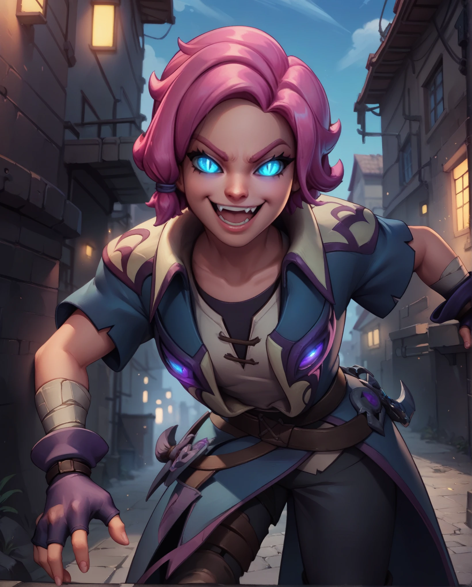 score_9,score_8_up,score_7_up,
maeve,solo.short pink hair with a hair knot,blue slit pupils,blue eyes,glowing eyes,
belt,fingerless gloves,shirt,coat,short sleeves,smile,grin,
rooftop,fantasy,leaning forward,fang,open mouth,
nigh,outside,alley,in the shadows,
