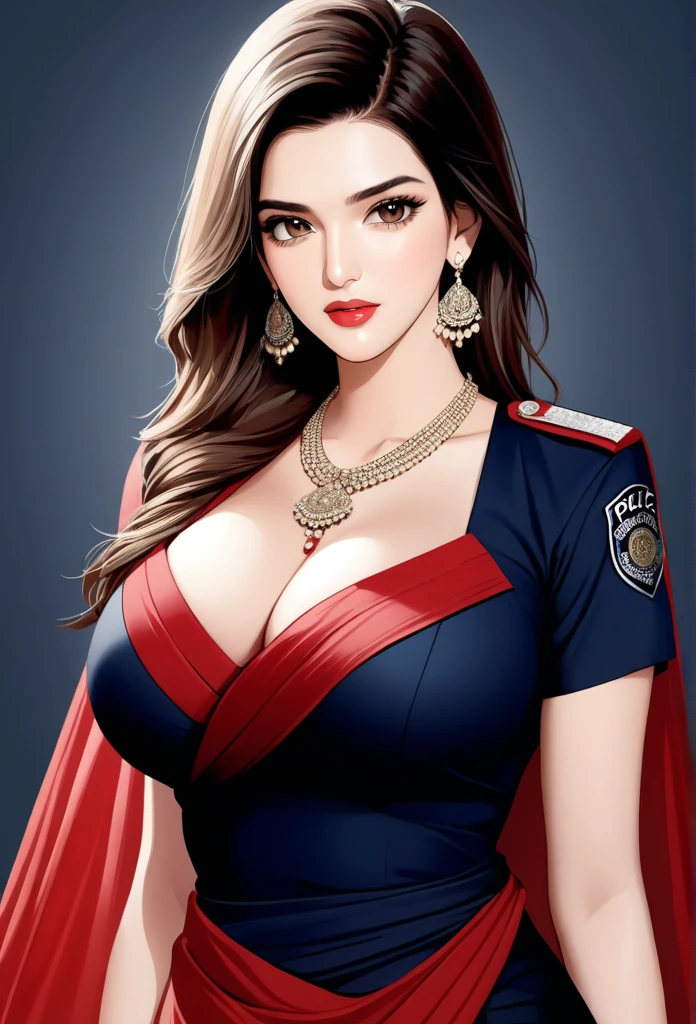 Kriti sanon wearing a beautiful saree,photorealistic, best quality, masterpiece, realistic, highres, absurdres, kr1t1 , ((vector)),Beautiful symmetric detailed eyes. Big breast, fit body., necklace , makeup, red lipstick , police uniform