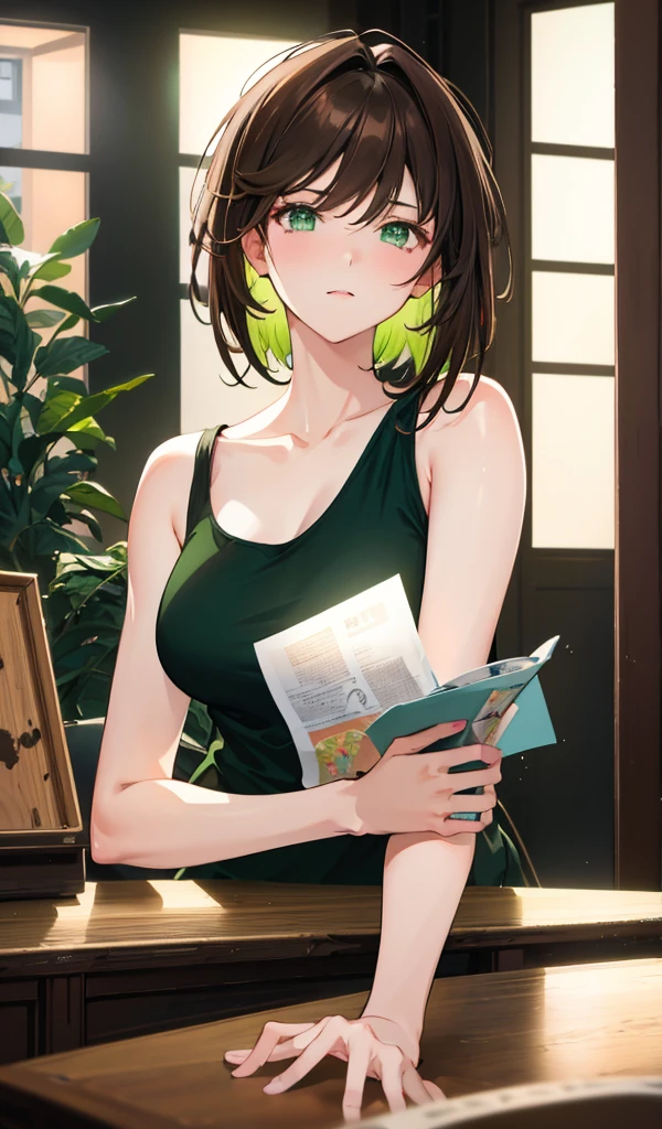 (Wallpaper,8k), (masterpiece, beautiful lighting, vibrant, best Quality), 1 woman Brown haired green eyes, solo, short black hair, Messy hair , tank top, indoor, night