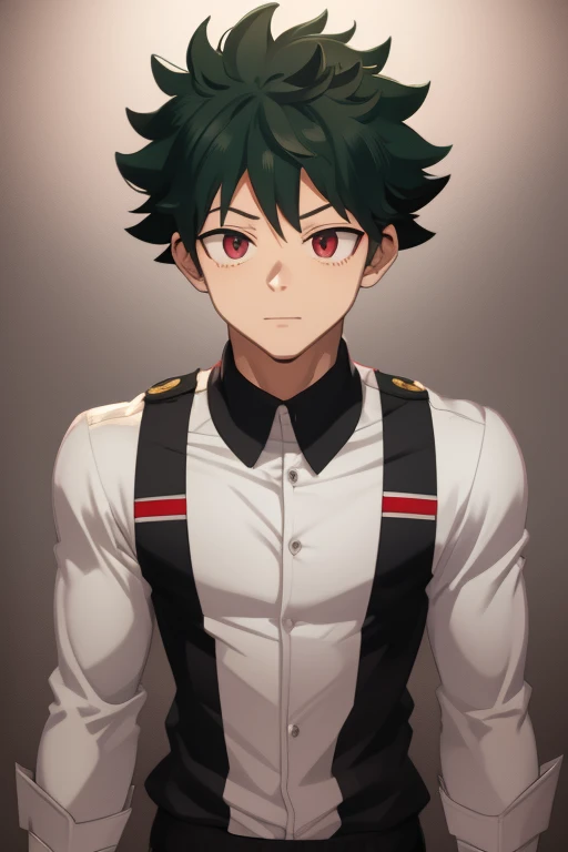 Izuku Midoriya from My Hero Academia red eyes and white hair, pale skin. Looking directly at the viewer