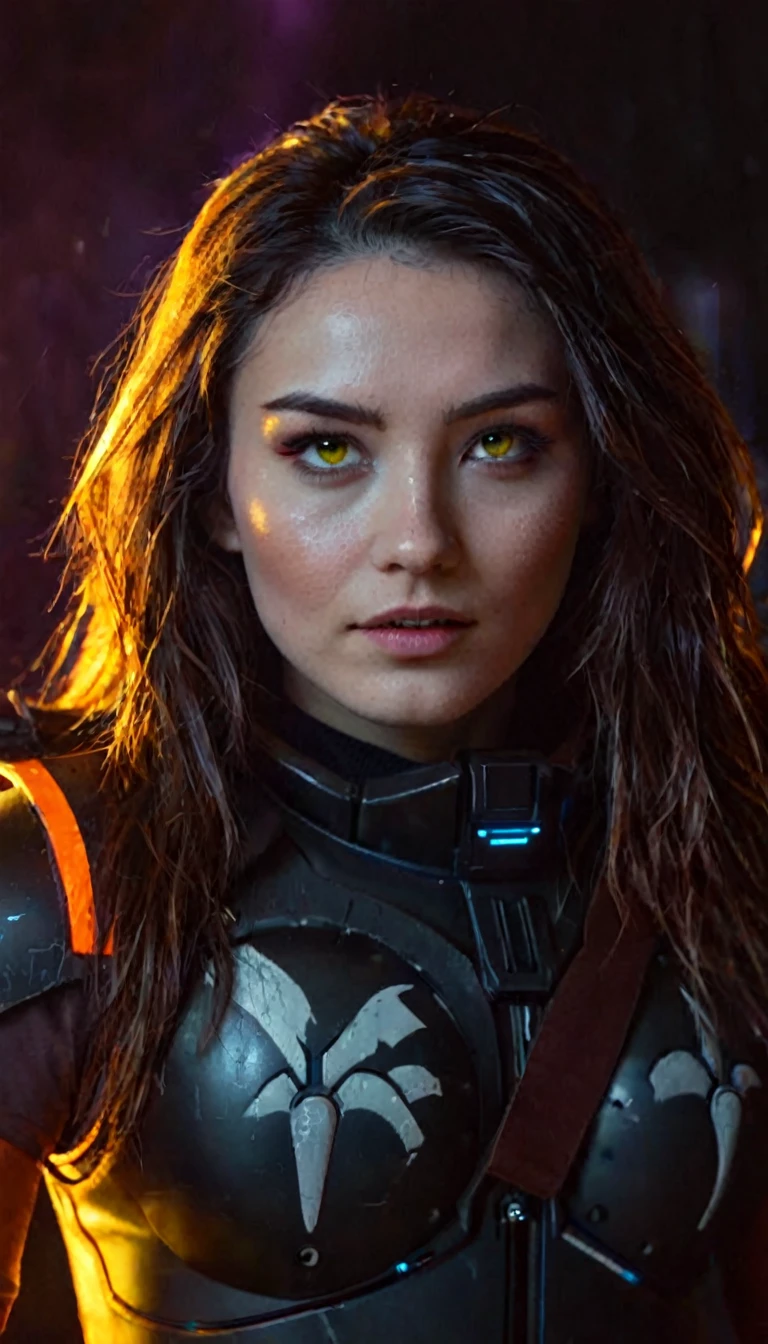 bright yellow eyes, ultra-detailed,vibrant colors,sci-fi,portrait,dramatic lighting,detailed facial features,dark background,long hair,glowing eyes,futuristic clothing,expressionless face,metallic texture,bright highlights,high contrast,radiant colors,artificial intelligence theme,sharp focus,technological elements,shadows and highlights,ethereal glow,neon lights,stormy atmosphere,otherworldly setting,unconventional composition,sharp lines,sleek design,mysterious atmosphere,unearthly beauty,digital enhancements,advanced technology,glowing circuitry,abstract background,ominous presence,subtle reflections,energetic pose,unique perspective,foreshortening effect,symmetrical composition,imposing presence,dynamic energy,striking visual impact,translucent overlays,organic and mechanical fusion.