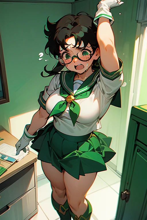 (Masterpiece), Best Quality, ultra-detailed, 1girl ( anosillus II, Slender and sexy body, Big and pretty breasts, naked body, dark green hair, brown eyes, half-closed eyes), a come-hither face, parted lips, solo, nose blush, blush, facing viewer, looking at viewer, racing queen, white leotard, long gloves, white thighhighs, in the locker room, against the wall, standing,, Sexy waist teasing, spread legs,
