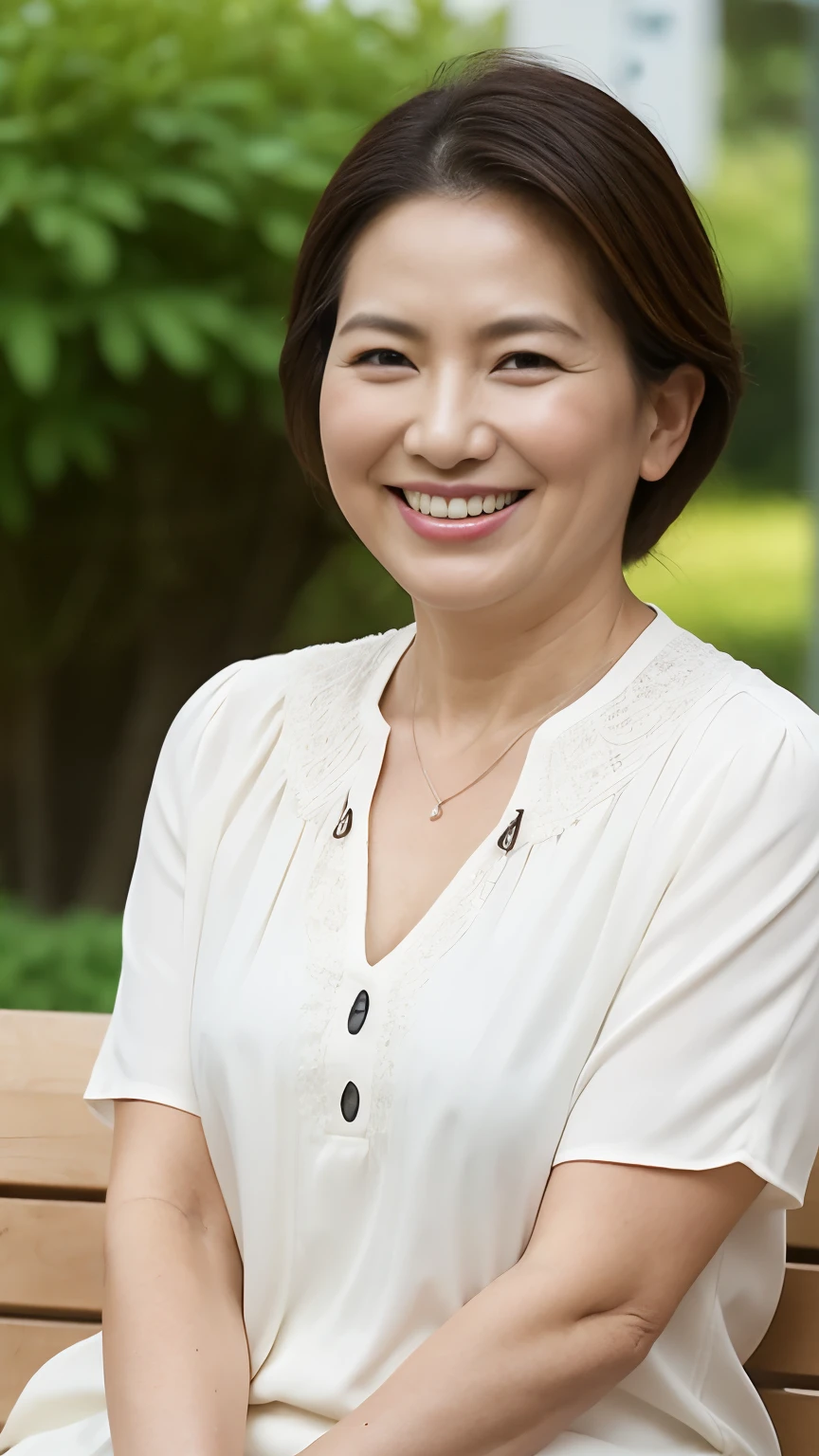 8k wallpaper, masterpiece, Highest quality, Super detailed, One Mature Woman, 50 years old, Become very clear, Wearing a short-sleeved blouse, Skin dents, Captivating smile, Looking at the audience, Cleavage, plump, Curvaceous, Fascinating face, Smiling with teeth showing, Wrinkles around the eyes, Sitting on a park bench, Background Blur