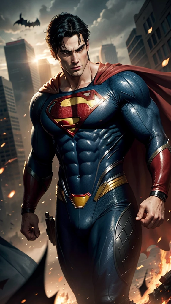 Superman in action fighting against batman, background Gotham City dark and cloudly
