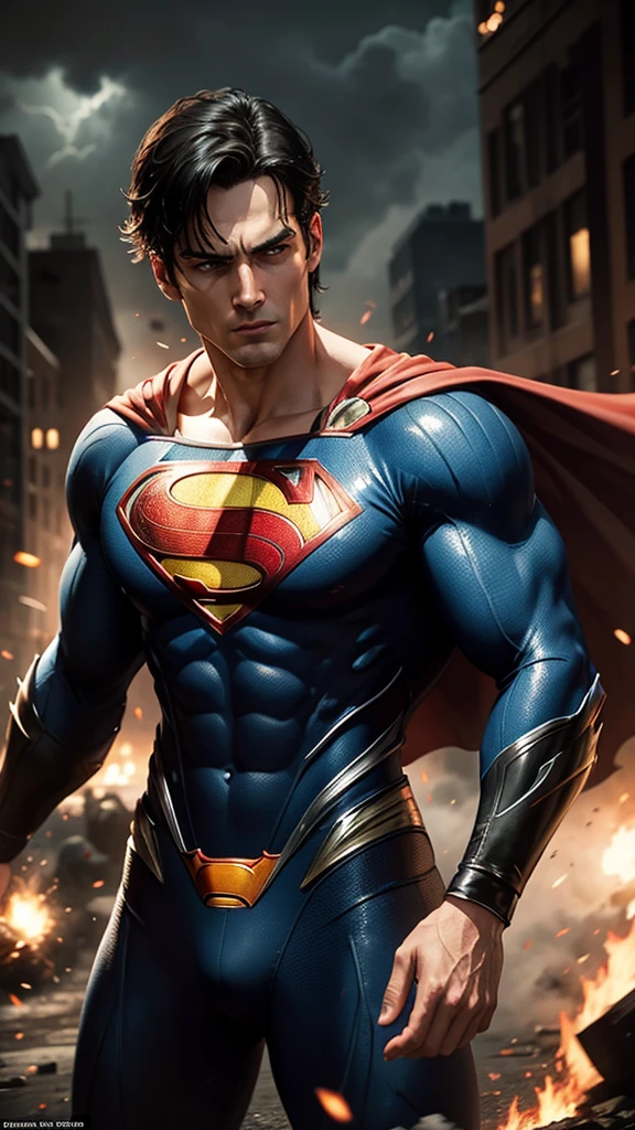 Superman in action fighting against batman, background Gotham City dark and cloudly
