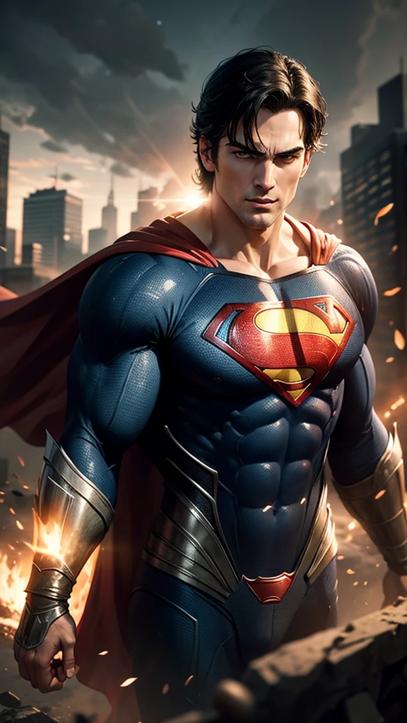 Superman in action fighting against batman, background Gotham City dark and cloudly