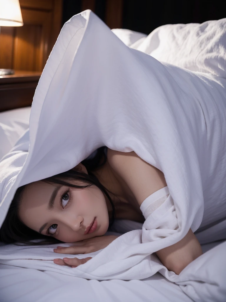 A woman taking a selfie, lying on her bed. at night. tenebrosa. Wrapped with a sheet.