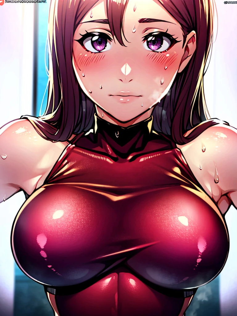 (Highest quality,4K,8K,High resolution,masterpiece:1.2),Super detailed,(Realistic,photoRealistic,photo-Realistic:1.37),beautiful girl,long and straight hair,fit,
Super detailed armpit,Beautifully detailed sweat glands,Smooth skin texture,Carefully drawn,
(Sleeveless purple bodysuit, A shiny silver lining), (Sweaty body:1.2), (Fascinating face:1.2), Dirty face、blush