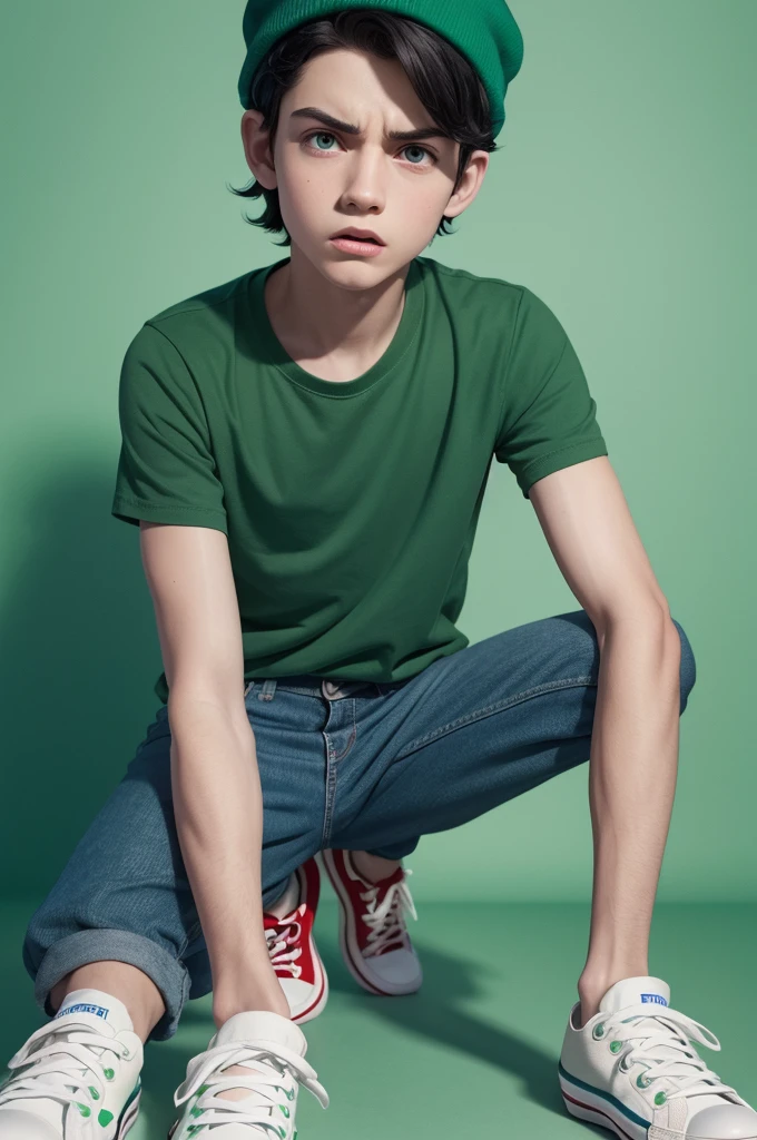 PROMPT MASCULINO:
Boy character from the film amusingly, disney pixar style,3d,with short wavy black hair, blue all star sneakers, green eyes, Red cap, jeans, face with angry expression, Light green skin, white background 8k quality