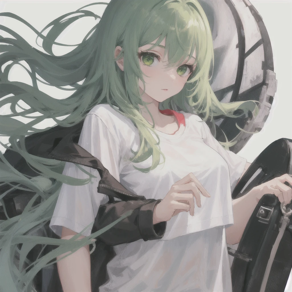 1girl, white long hair, green eyes, white background, white tshirt, casual,