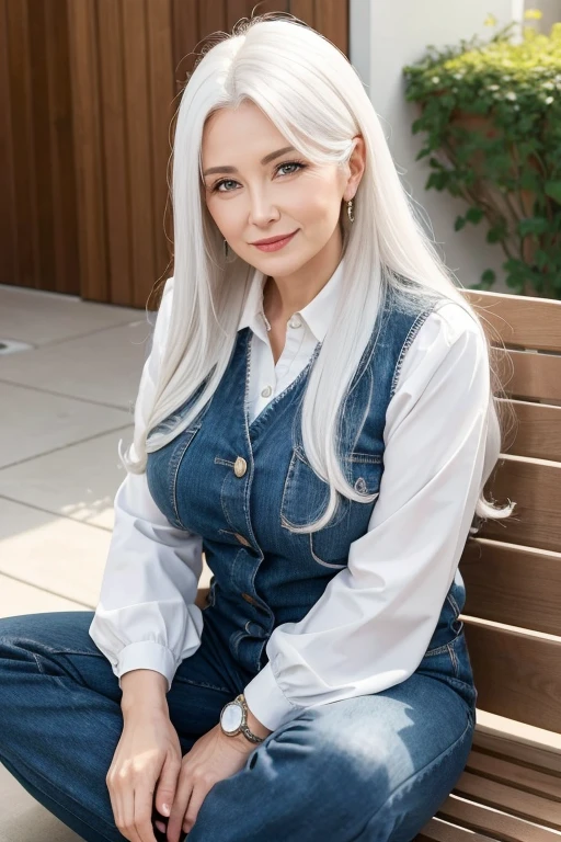 A beautiful 50 year old lady with long white hair sitting with positive ideas