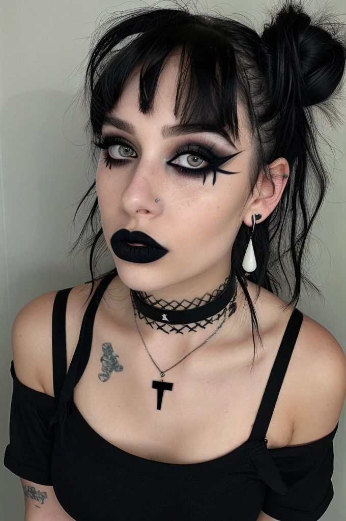 a person with a unique alternative aesthetic. They have dark hair styled with two buns on the top of their head and straight bangs across their forehead. The individual's eyes are a soft green, and they wear dramatic black lipstick. They have a septum piercing and multiple earrings in one ear. Their makeup is notable for the winged eyeliner, and there are artistic black streaks or smudges on their right cheek, adding an edgy touch. They wear a black t-shirt with a graphic design visible at the neckline, and their look is accessorized with a black choker and layered necklaces. The backdrop has a marbled or mottled texture in grayish tones, which complements the dark hues of their outfit and makeup.  g0thg1rl ,téton ,micro bikini 