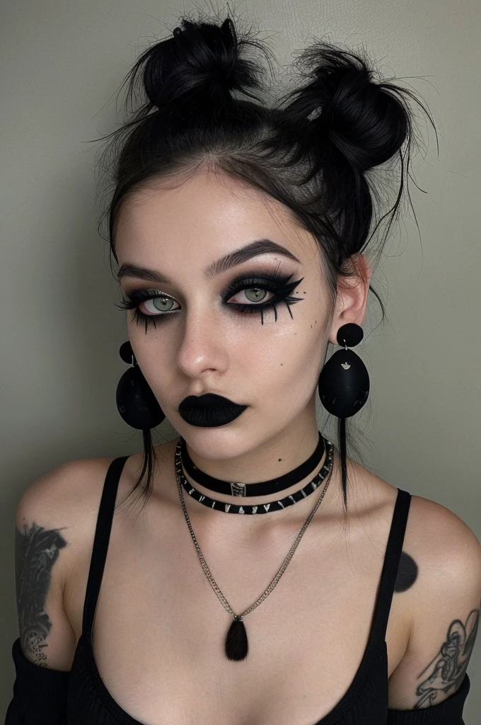 a person with a unique alternative aesthetic. They have dark hair styled with two buns on the top of their head and straight bangs across their forehead. The individual's eyes are a soft green, and they wear dramatic black lipstick. They have a septum piercing and multiple earrings in one ear. Their makeup is notable for the winged eyeliner, and there are artistic black streaks or smudges on their right cheek, adding an edgy touch. They wear a black t-shirt with a graphic design visible at the neckline, and their look is accessorized with a black choker and layered necklaces. The backdrop has a marbled or mottled texture in grayish tones, which complements the dark hues of their outfit and makeup.  g0thg1rl ,téton ,micro bikini 