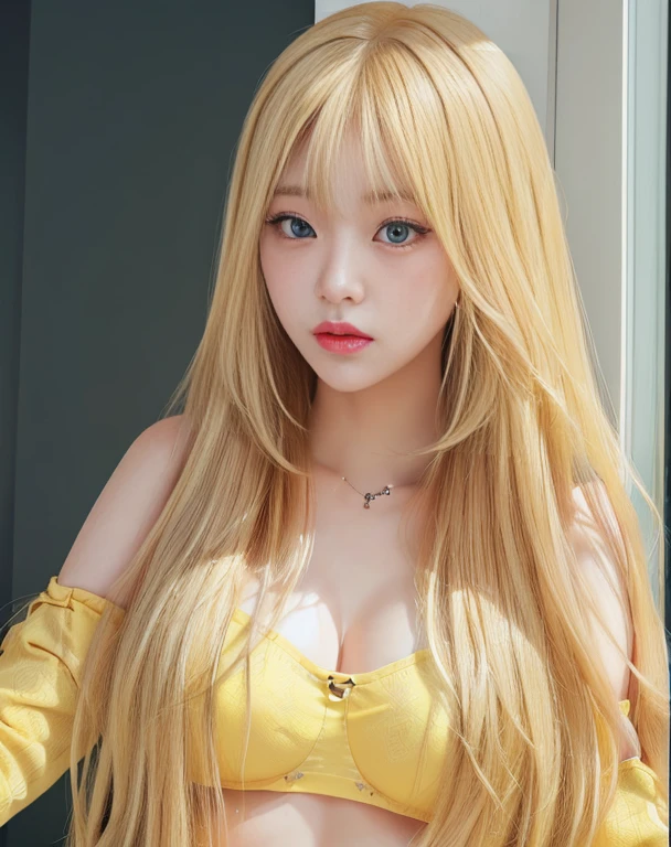 A closeup of a woman with long blonde hair wearing a yellow bra, long blonde hair and big eyes, long blonde hair and big eyes, blonde hair and big eyes, korean girl, beautiful south korean woman, Beautiful young Korean woman, 8k selfie photography, with long blonde hair, Blonde and attractive features., she tit, blonde girl, sexy look at the camera