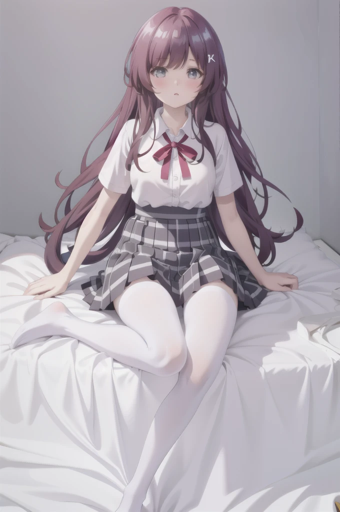 (8K、Best image quality、Highest quality、masterpiece)、One tall girl、((whole body))、Sit on the floor with your legs spread、White panties are visible、Long Hair、Wavy Hair、blush、Medium Bust、White collared shirt、Short sleeve、((Checkered pleated mini skirt))、Classroom Background、((black tights))、Black Pantyhose、((No shoes))、View your viewers