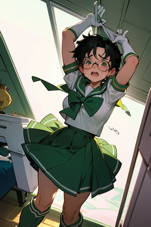 A chubby girl with glasses and black hair, freckles and dressed as Sailor Jupiter, wearing white gloves and green boots, crying in her room as her skirt is lifted up.