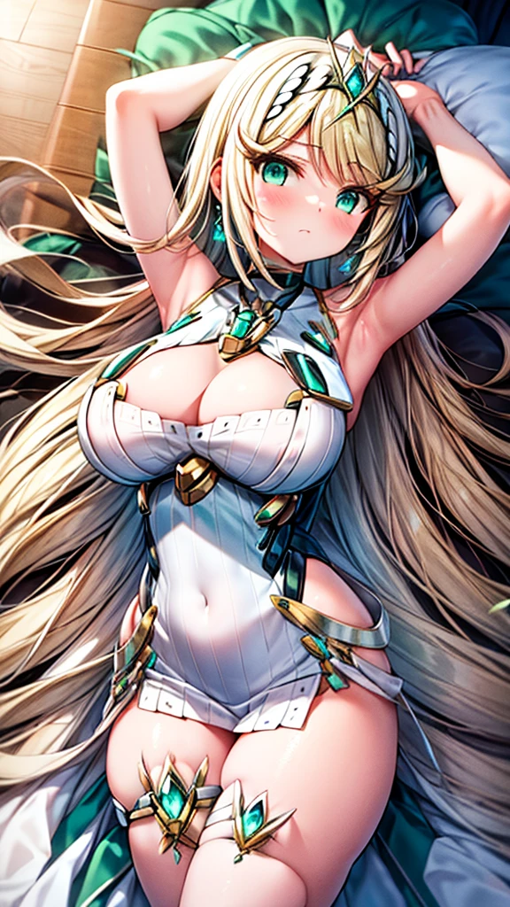 Mythra the Xenoblade, blonde, neckleace, breasts big, big hair, sexy hentai girl, best qualityer
