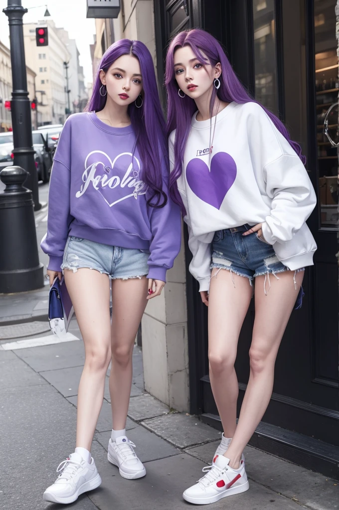 Long purple hair Blue eyes Heart earring Red lips Blue sweatshirt Dins shorts White sneakers