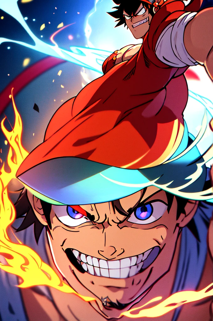 Monkey D. Luffy em sua forma Gear 5, as seen in One Piece. He's in a dynamic pose, with his body engulfed in red and black flames, emanating an intense aura. Your muscles are visibly enlarged, reflecting your increased strength. Luffy has his characteristic confident and determined smile, eyes shining with energy. Your straw hat is firmly placed on your head, and he&#39;s wearing his iconic pirate costume, with the straw hat flag visible. The background shows a tumultuous maritime environment, with waves and dark clouds, highlighting your aura of power. Image quality is detailed, with crisp textures and vibrant colors, capturing the full intensity of the moment.
