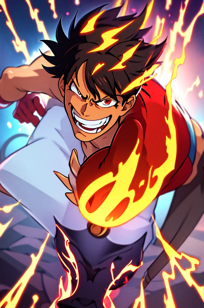 Monkey D. Luffy em sua forma Gear 5, as seen in One Piece. He's in a dynamic pose, with his body engulfed in red and black flames, emanating an intense aura. Your muscles are visibly enlarged, reflecting your increased strength. Luffy has his characteristic confident and determined smile, eyes shining with energy. Your straw hat is firmly placed on your head, and he&#39;s wearing his iconic pirate costume, with the straw hat flag visible. The background shows a tumultuous maritime environment, with waves and dark clouds, highlighting your aura of power. Image quality is detailed, with crisp textures and vibrant colors, capturing the full intensity of the moment.
