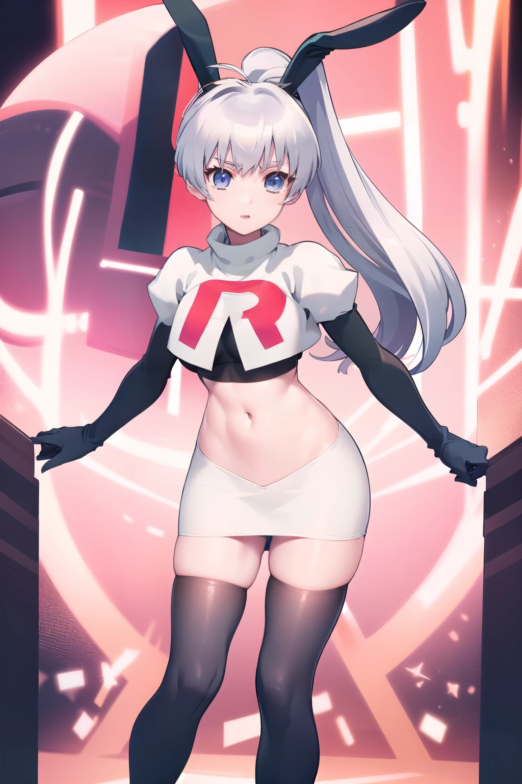 solo, Yashiro Kasumi, twintails, blue eyes, white hair, fake rabbit ears, team rocket,team rocket uniform,white skirt,red letter R,crop top,black thigh-highs,black elbow gloves