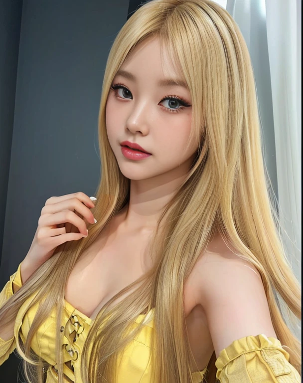 A closeup of a woman with long blonde hair wearing a yellow bra, long blonde hair and big eyes, long blonde hair and big eyes, blonde hair and big eyes, korean girl, beautiful south korean woman, Beautiful young Korean woman, 8k selfie photography, with long blonde hair, Blonde and attractive features., she tit, blonde girl, sexy look at the camera