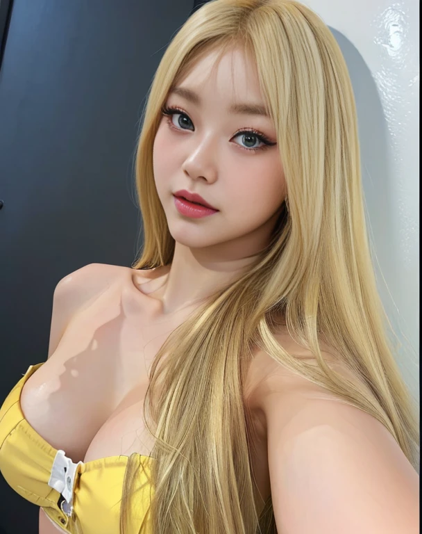 A closeup of a woman with long blonde hair wearing a yellow bra, long blonde hair and big eyes, long blonde hair and big eyes, blonde hair and big eyes, korean girl, beautiful south korean woman, Beautiful young Korean woman, 8k selfie photography, with long blonde hair, Blonde and attractive features., she tit, blonde girl, sexy look at the camera