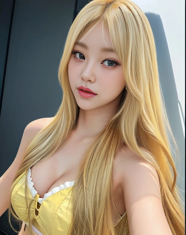 A closeup of a woman with long blonde hair wearing a yellow bra, long blonde hair and big eyes, long blonde hair and big eyes, blonde hair and big eyes, korean girl, beautiful south korean woman, Beautiful young Korean woman, 8k selfie photography, with long blonde hair, Blonde and attractive features., she tit, blonde girl, sexy look at the camera