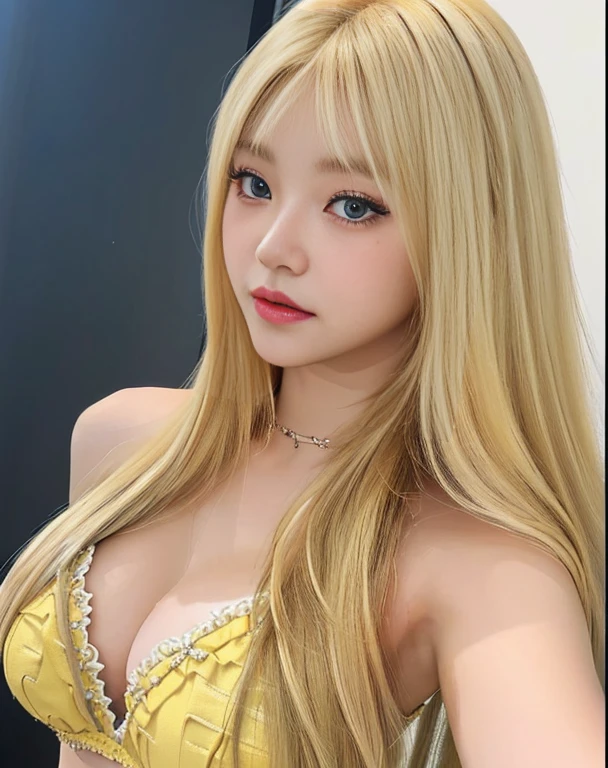 A closeup of a woman with long blonde hair wearing a yellow bra, long blonde hair and big eyes, long blonde hair and big eyes, blonde hair and big eyes, korean girl, beautiful south korean woman, Beautiful young Korean woman, 8k selfie photography, with long blonde hair, Blonde and attractive features., she tit, blonde girl, sexy look at the camera