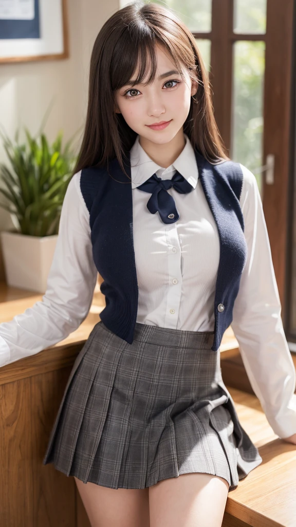 (1girl), (round eyes:1.2), (highly detailed face and eyes), smile, Amazing face and eyes, (school uniform, skirt:1.3), cleavage, (Best Quality:1.4), (Ultra-detailed), (extremely detailed CG unified 8k wallpaper), Highly detailed, High-definition raw color photos, Professional Photography, Realistic portrait, Amazing face and eyes, indoors, (casual room, cute wallpapers:1.3), (A moment of relaxation), model, depth of fields, (fine face:1.2),