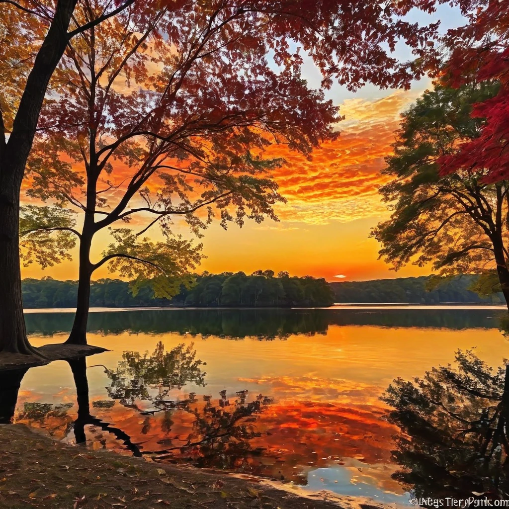 Generate a serene lakeside scene during golden hour. Capture the peaceful reflection of a vibrant sunset on the calm water's surface. Incorporate the silhouette of trees on the shore, their leaves dappled in shades of red and gold. The serene ambiance should evoke a sense of tranquility.
