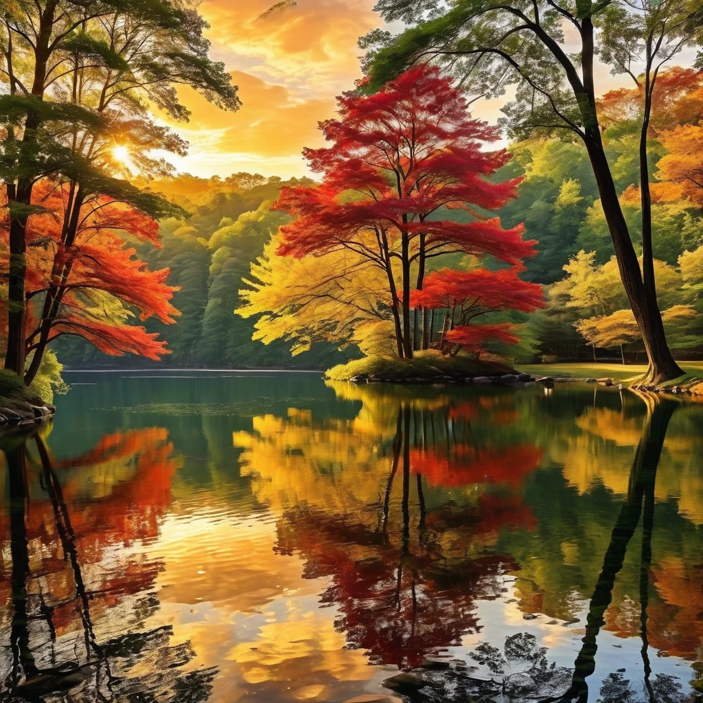 Generate a serene lakeside scene during golden hour. Capture the peaceful reflection of a vibrant sunset on the calm water's surface. Incorporate the silhouette of trees on the shore, their leaves dappled in shades of red and gold. The serene ambiance should evoke a sense of tranquility.