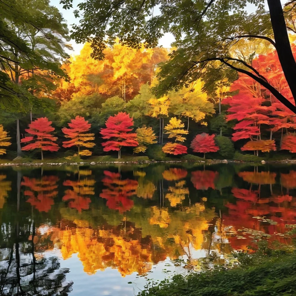 Generate a serene lakeside scene during golden hour. Capture the peaceful reflection of a vibrant sunset on the calm water's surface. Incorporate the silhouette of trees on the shore, their leaves dappled in shades of red and gold. The serene ambiance should evoke a sense of tranquility.