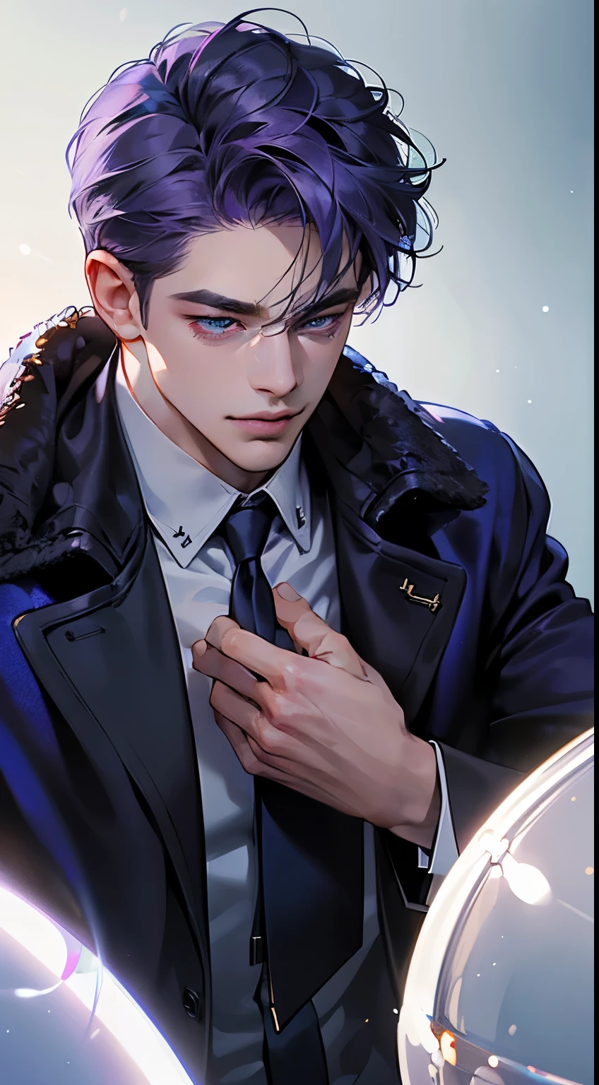 (best quality, masterpiece, 8K, photorealistic, cinematic lighting, 1:4 hdr image, ultra detailed, beautiful image), a mature man, 35 years very handsome, ((cold expression smile in love)), short purple hair, blue eyes, face perfect without mistakes, ((buttoning his jacket, CEO)), smile.