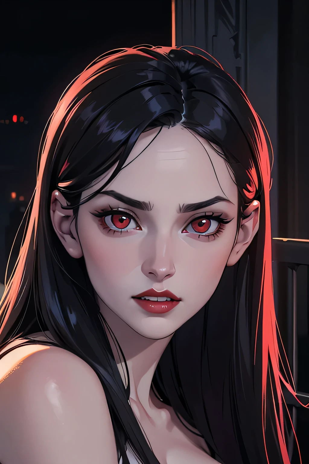 (close up, portrait, digital art, digital illustration, 4K, 8K, super detailed, beautiful images, clear image, realistic, RAW photo, perfect face, perfect lines, perfect eyes, soft lighting) ,1 female,(long black hair,40 years old,(manor background),vampire woman,leaning on the balcony,scary red eyes,vampire fangs,pale skin,eerie red eyes,red lips,menancing,cleavege,big breasts,sexy,looking at the viewer,baring her teeth,nighttime