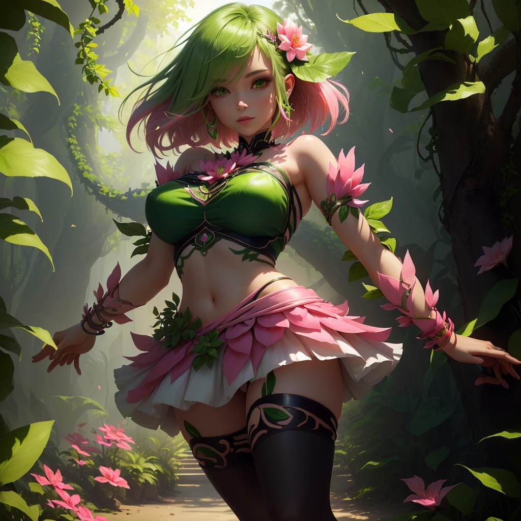 A woman with a pink petal crop top and short skirt, And pink petal bracelets on her wrists and ankles, She has green vines merged with her skin (Green Energy Veins), Alraune, Fantasy Plant species.