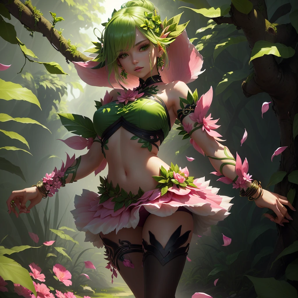A woman with a pink petal crop top and short skirt, And pink petal bracelets on her wrists and ankles, She has green vines merged with her skin (Green Energy Veins), Alraune, Fantasy Plant species.