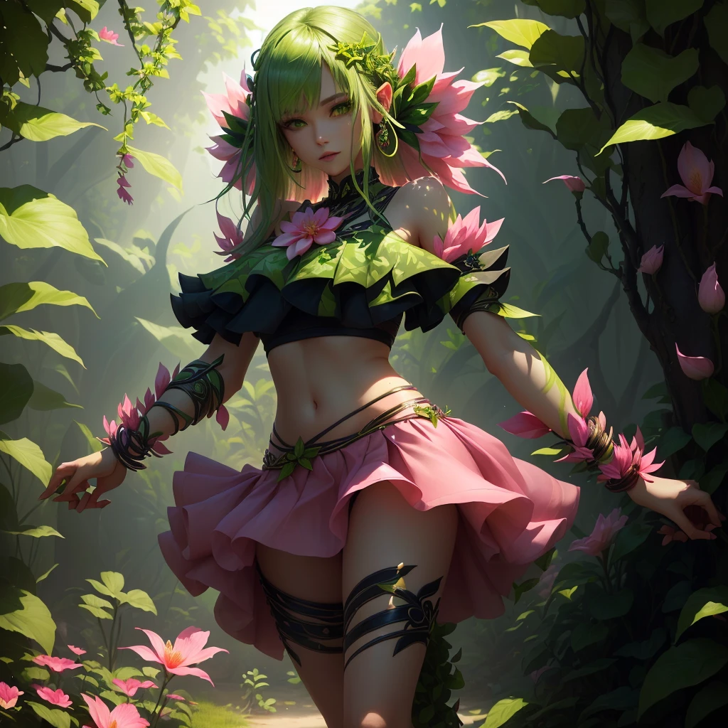 A woman with a pink petal crop top and short skirt, And pink petal bracelets on her wrists and ankles, She has green vines merged with her skin (Green Energy Veins), Alraune, Fantasy Plant species.