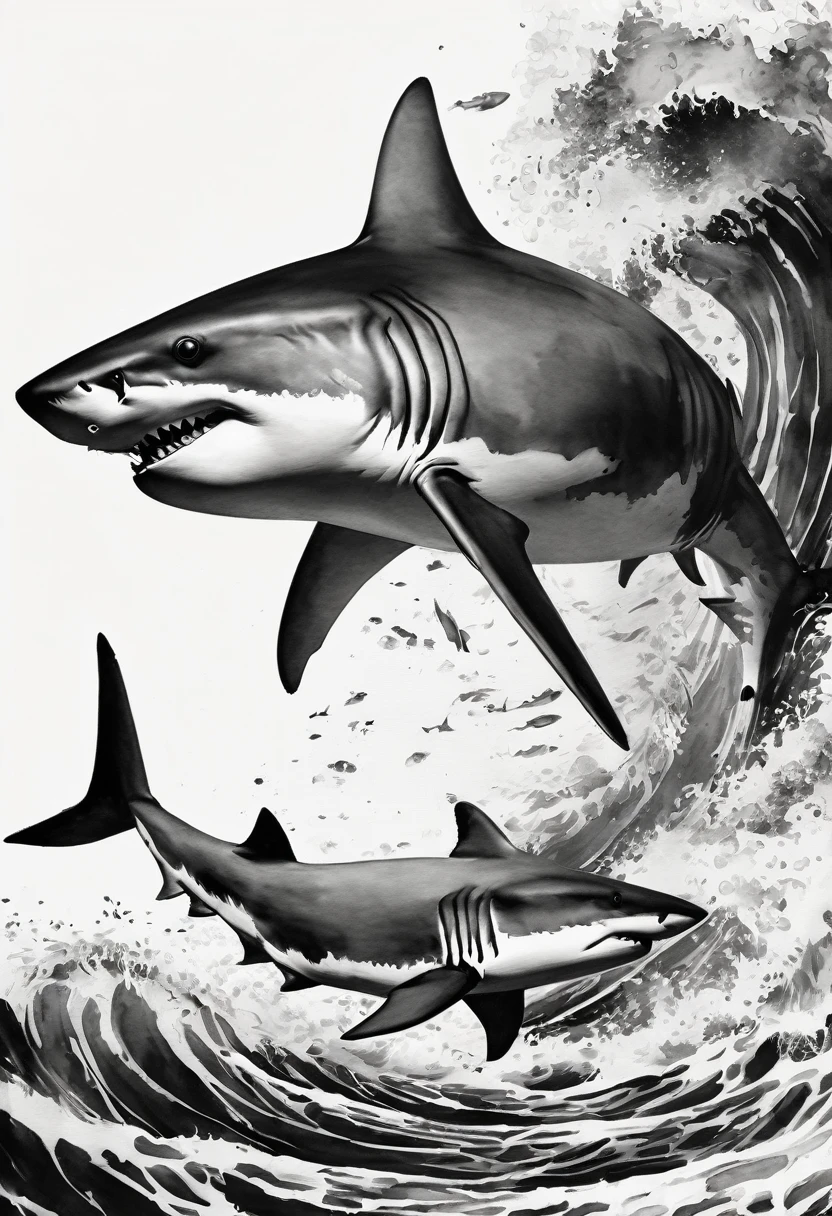 Shark ink painting、Black and white shark、black and white ink painting、Shark ink painting、Shark ink painting、No people are depicted、Shark-only ink painting、Ink painting of the sea、