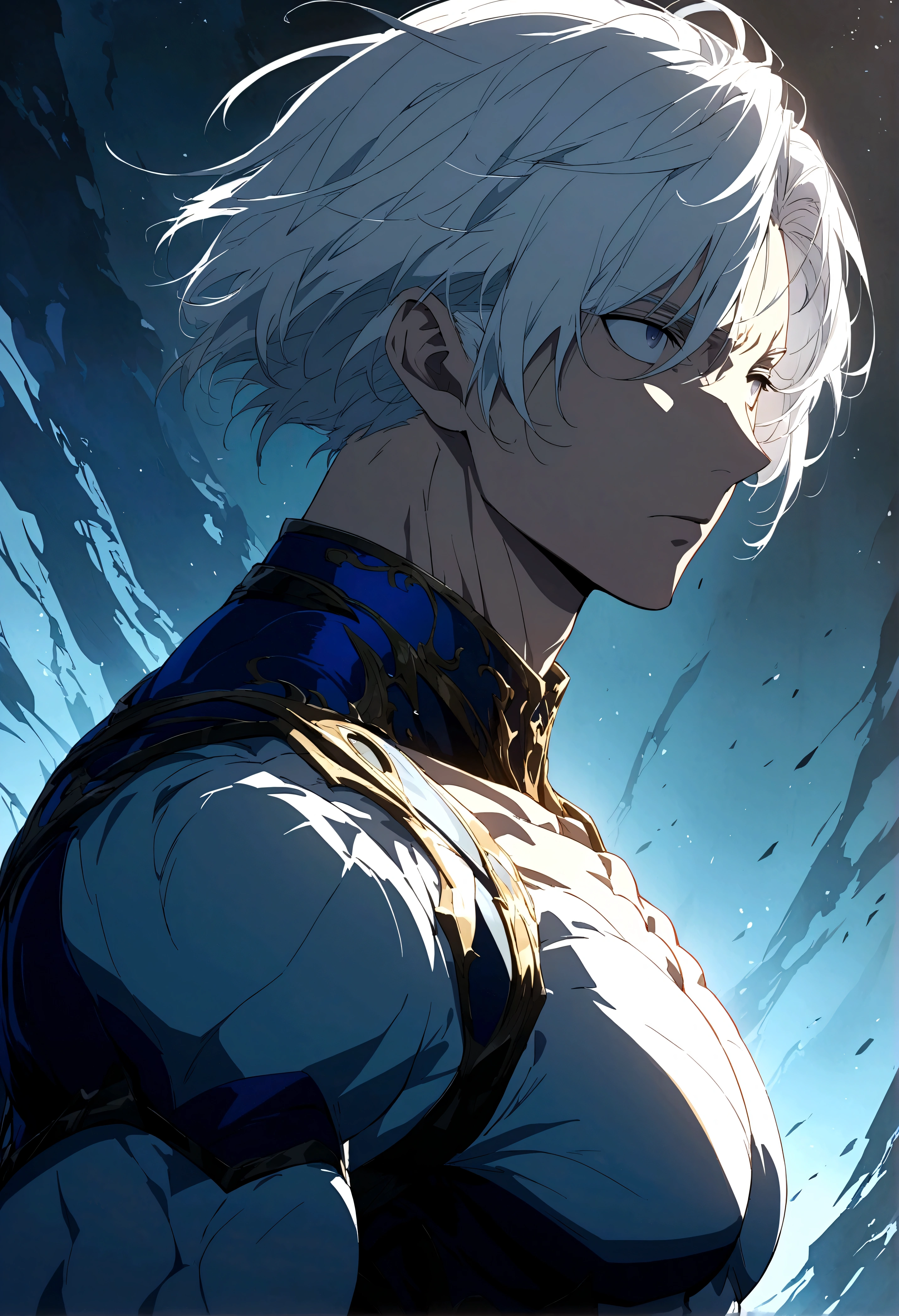 Man Messy white hair, stunning anime panoramic, looking to nothing, expressionless, BLUE high detailed thin eyes, grayard background, high detailed shadow , muscular