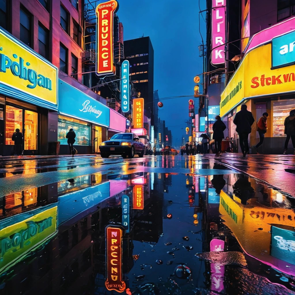 Produce an urban landscape at twilight. Showcase the colorful glow of city lights reflected on wet city streets after a light rain. Highlight the vibrant hues of neon signs, bustling street life, and the dramatic reflections in puddles for a dynamic and lively cityscape.